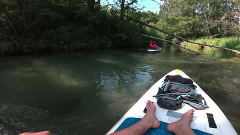 A man rows an oar in first person, sits in a kayak, surrounded by forest and blu Stock Footage 278508358
