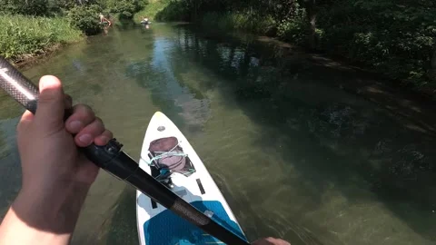 A man rows an oar in first person, sits in a kayak, surrounded by forest and blu Stock Footage 278508359