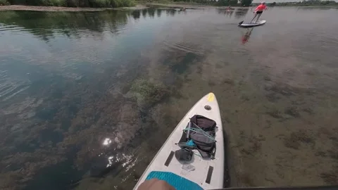 A man rows an oar in first person, sits in a kayak, surrounded by forest and blu Stock Footage 278508418
