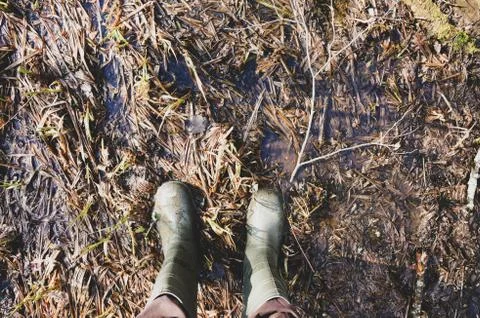 A man in rubber boots in the spring forest Stock Photos