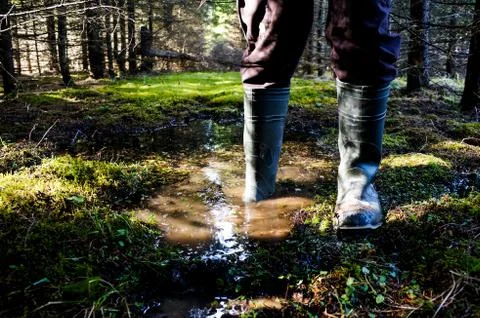 A man in rubber boots in the spring forest Stock Photos