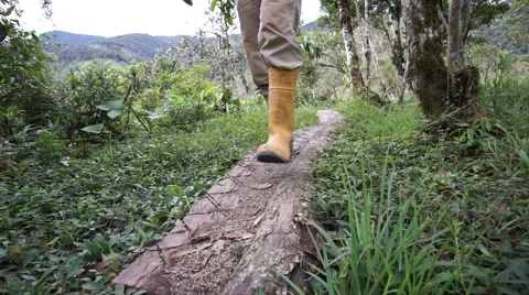 Man Rubber Boots Trail Low Angle Coming Stock Footage 53787571