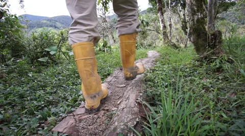 Man Rubber Boots Trail Low Angle Going Stock Footage 53787605