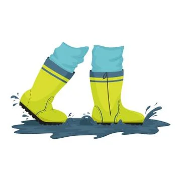A man in rubber boots is walking through puddles. Rainy weather. Vector illus Illustrazione stock