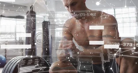 Man rubbing chalk and preparing grip on bench, fitness HUD showing grip data Stock Footage 323456201