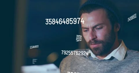 Man rubbing chin, bringing papers closer, scanning documents, animated numbers Stock Footage 331125630