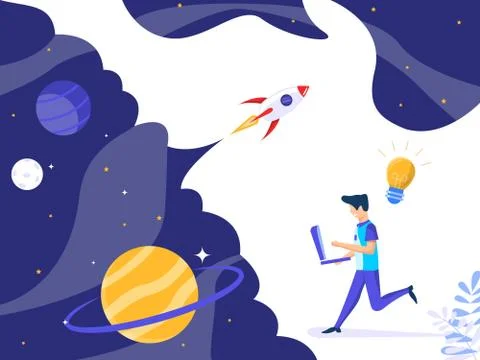 Man run carrying laptops to find ideas in a space. concept of technology. Vec Stock Illustration