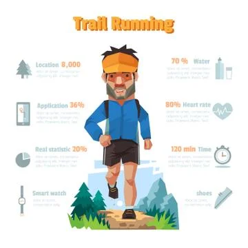 A man run in the forrest, Trail running, Infographic elements. Stock Illustration