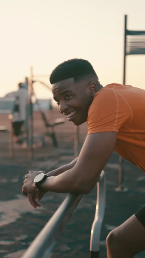 Man, runner and break with smile at park for breathing, thinking and exhausted Stock Footage 329764829