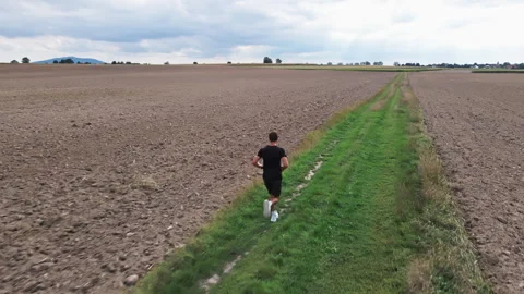 Man running along a grassy path between plowed fields in the countryside Stock Footage 346533704