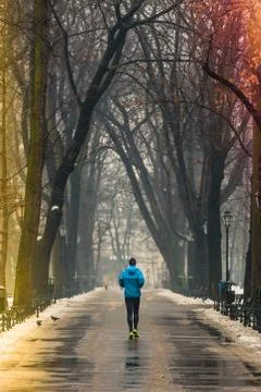 Man running along path surrounded by trees, in winter, using blue sports jack Foto stock