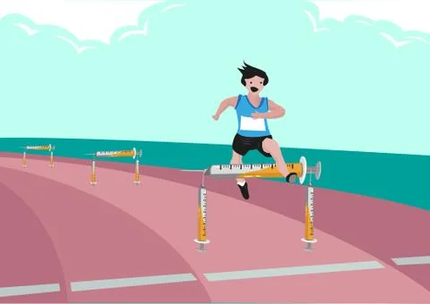 Man Running and Jumping Over Hurdles made of Syringe. Stock Illustration