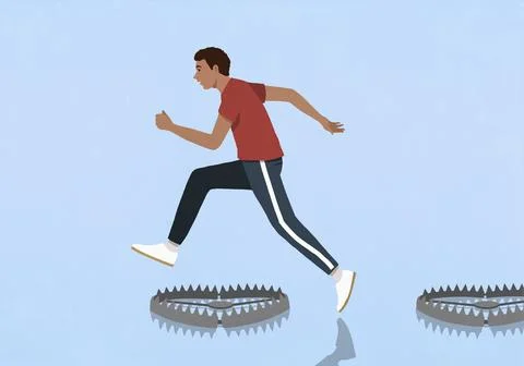Man running and jumping over bear traps on blue background Stock Illustration