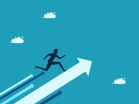 Man running on the arrow of progress. Career growth and advancement Ilustración de archivo