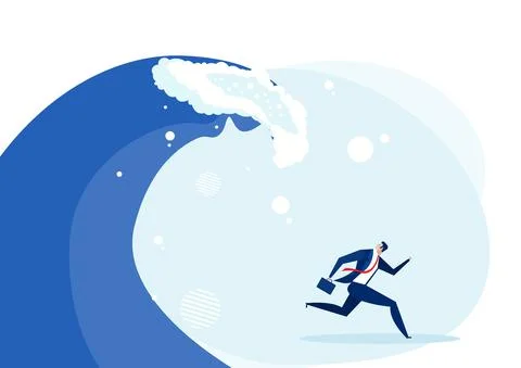 Man running away from the work hard wave pursuing him concept. Vector illustr Stock Illustration
