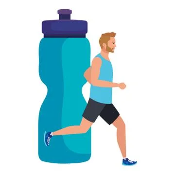 Man running with background of bottle plastic drink, male athlete with hydration Stock Illustration