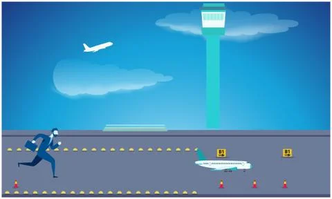 Man is running behind the flight on the runway Illustrazione stock