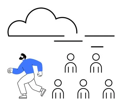 Man Running from Crowd under Cloud Symbolizing Rainstorm or Pressure Stock Illustration