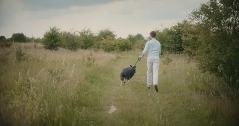 Man Running with Dog in Forest Stock Footage 318932167