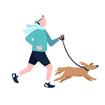 Man running with dog on leash semi flat color vector characters Stock Illustration