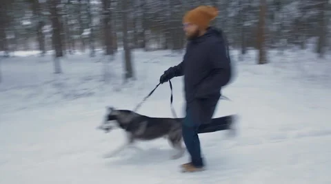 Man running with the dog in a winter forest. Video stock 62751830