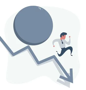 Man running down on a arrow followed by a big rock rolling after him, business Stock Illustration