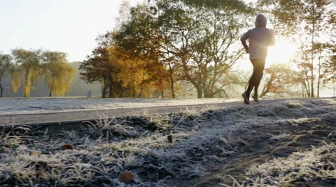 Man running during cold, sunny winter morning in park Stock Footage 57819242
