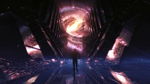 Man Running Endlessly in a Sci-Fi Structure in Space Background Looped 4K 48fps Video stock 239336589