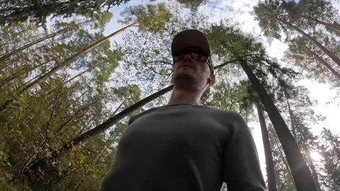 Man running forest trail autumn sunlight calm breathing gray fleece yellow Video stock 320894267