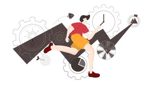 Man running with the graph. worker rush to target, growth, success, goal, amb Stock Illustration