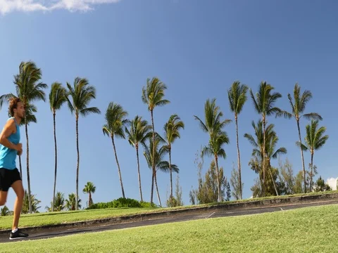 Man running - guy jogging in park living an active summer Stock Footage 76799748