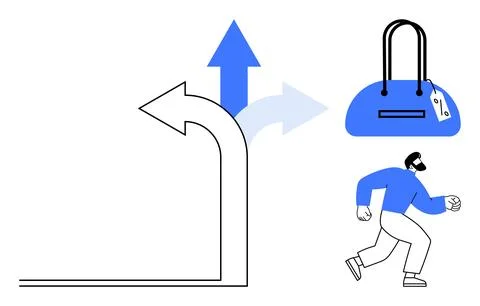 Man running with a handbag and two diverging arrows pointing in different dir Stock Illustration