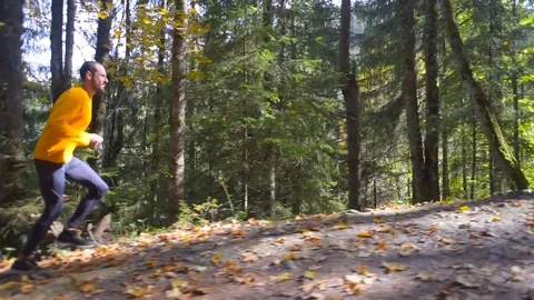 Man running in mountain forest. Trail running Vidéo 82702643