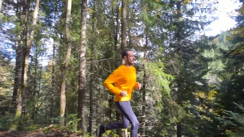 Man running in mountain forest. Trail running Stock Footage 82704174