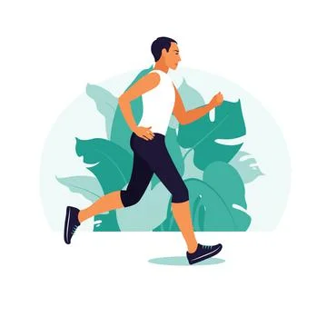 Man running in the park. He doing physical activity outdoors at the park. Hea Ilustración de archivo