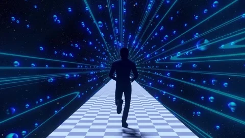 Man running on a path in the stars and spheres. 3D Illustration Stock Footage 246789100