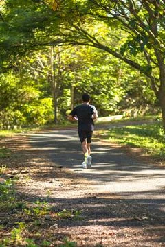 Man Running on Paved Path in Forest Stock Photos