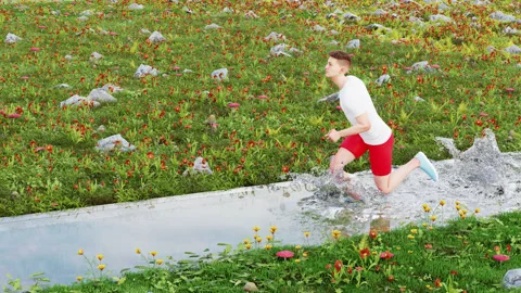 A man running in a river. 3d animation of a man running in water Stock Footage 325049873
