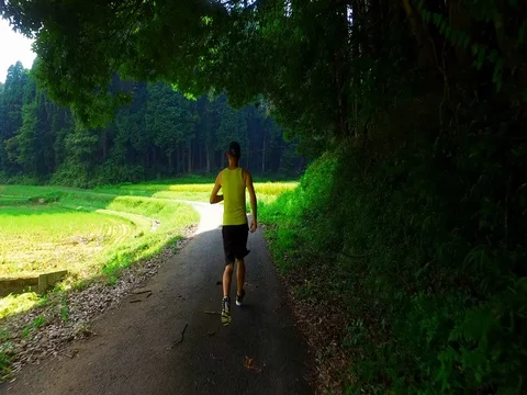 Man running on the road in the woods Stock Footage 80075304