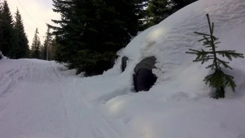 Man Running Scared And Hiding In Winter Forest Video stock 220735813