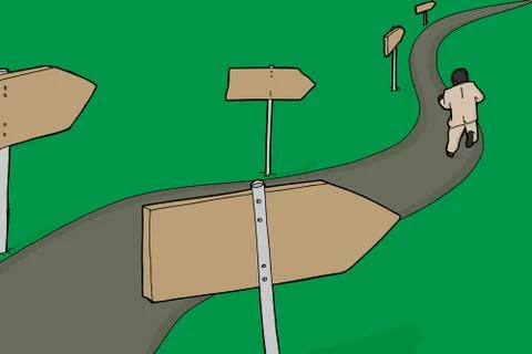 Man running by signs on path Stock Illustration