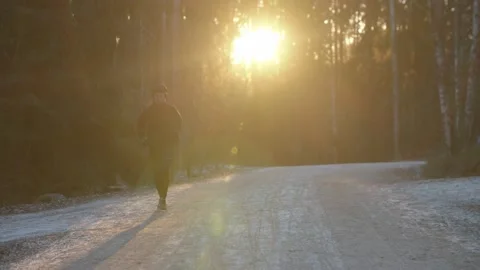 Man running at sunrise through pine forest in Finland Stock Footage 146275753