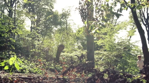 Man running through the forest on a sunny day Stock Footage 41095557