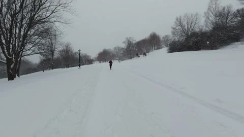 Man Running Through Snowy Park in Winte Stock Footage 323423566