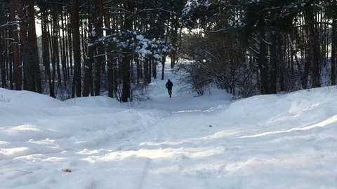 The man is running through a winter forest road Stock Footage 72161407