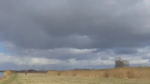Man Running Toward Camera by Dry Field Thunderclouds Are Upon the Field Dry Stock Footage 60912728