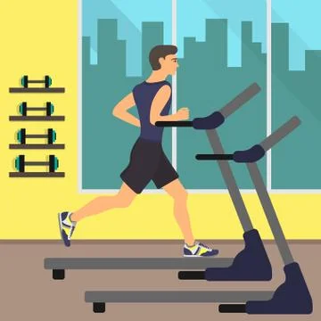 Man running on treadmill, in gym with big window and with silhouettes of buil Stock Illustration