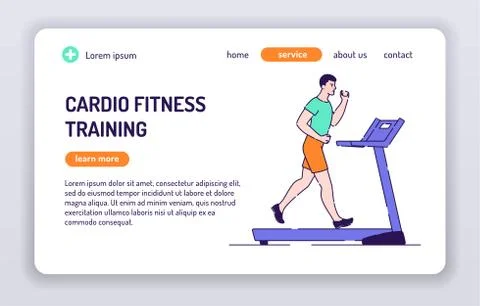 Man running on a treadmill web banner. Cardio workout. Isolated cartoon chara Stock Illustration