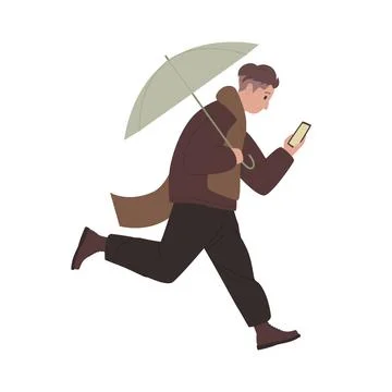 Man running with umbrella, guy looking at mobile phone screen Stock Illustration
