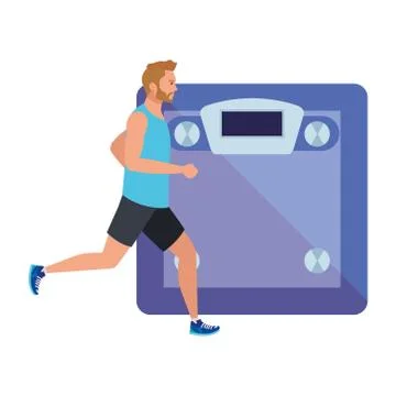 Man running with weighing scale background, male athlete with weighing machine Stock Illustration